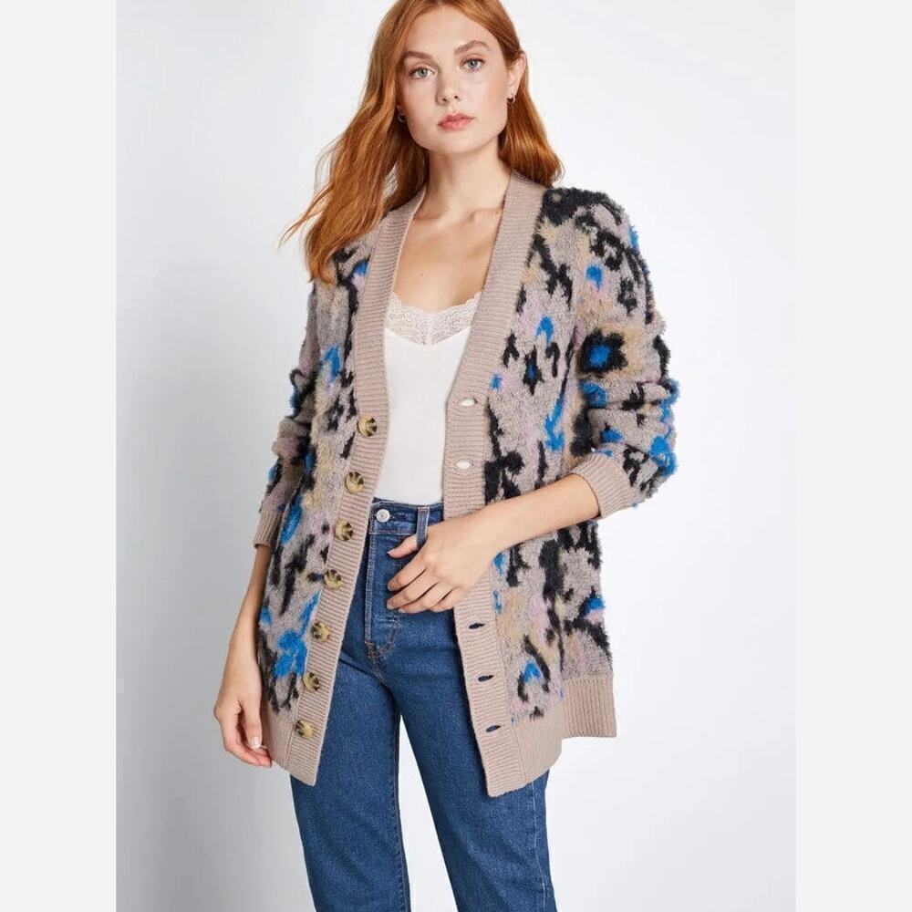 ModCloth Beige Floral Patterned Button Cardigan with Blue Accents